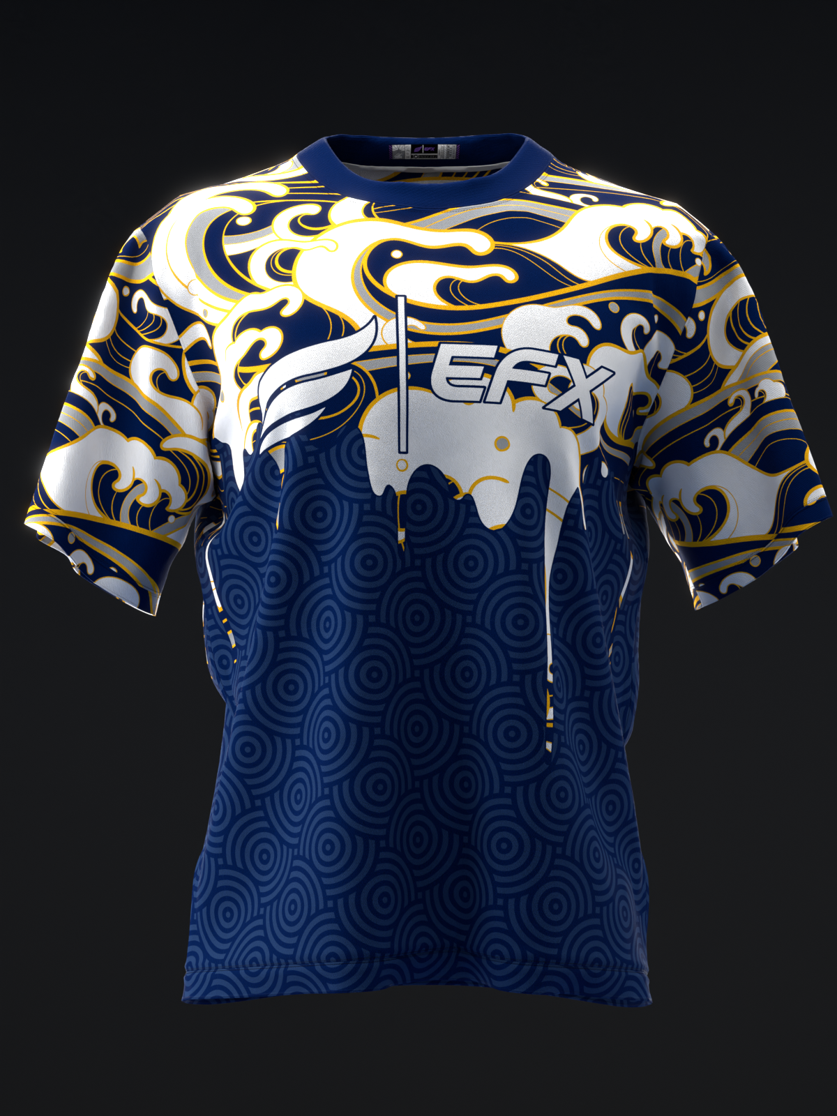 Blue bowling jersey with navy ornamental pattern and gold white graphic front