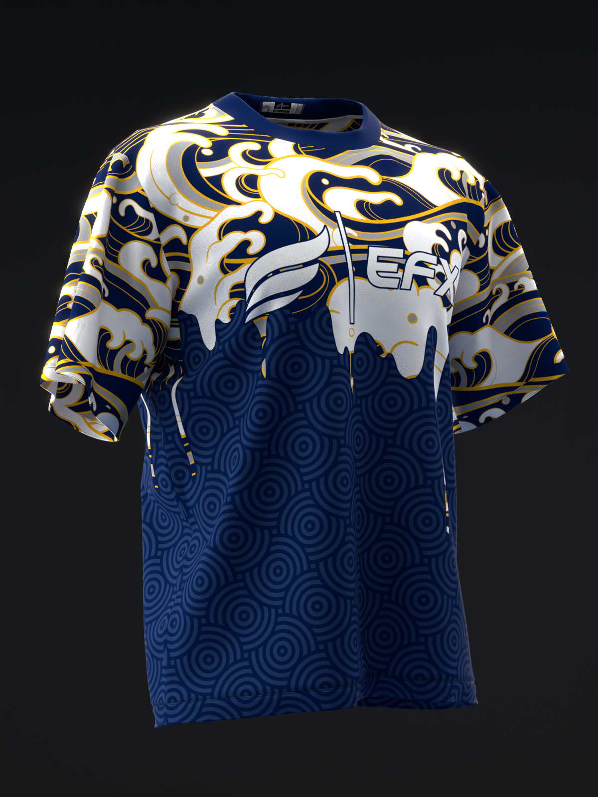 Blue and gold bowling jersey with abstract swirl and circular pattern design
