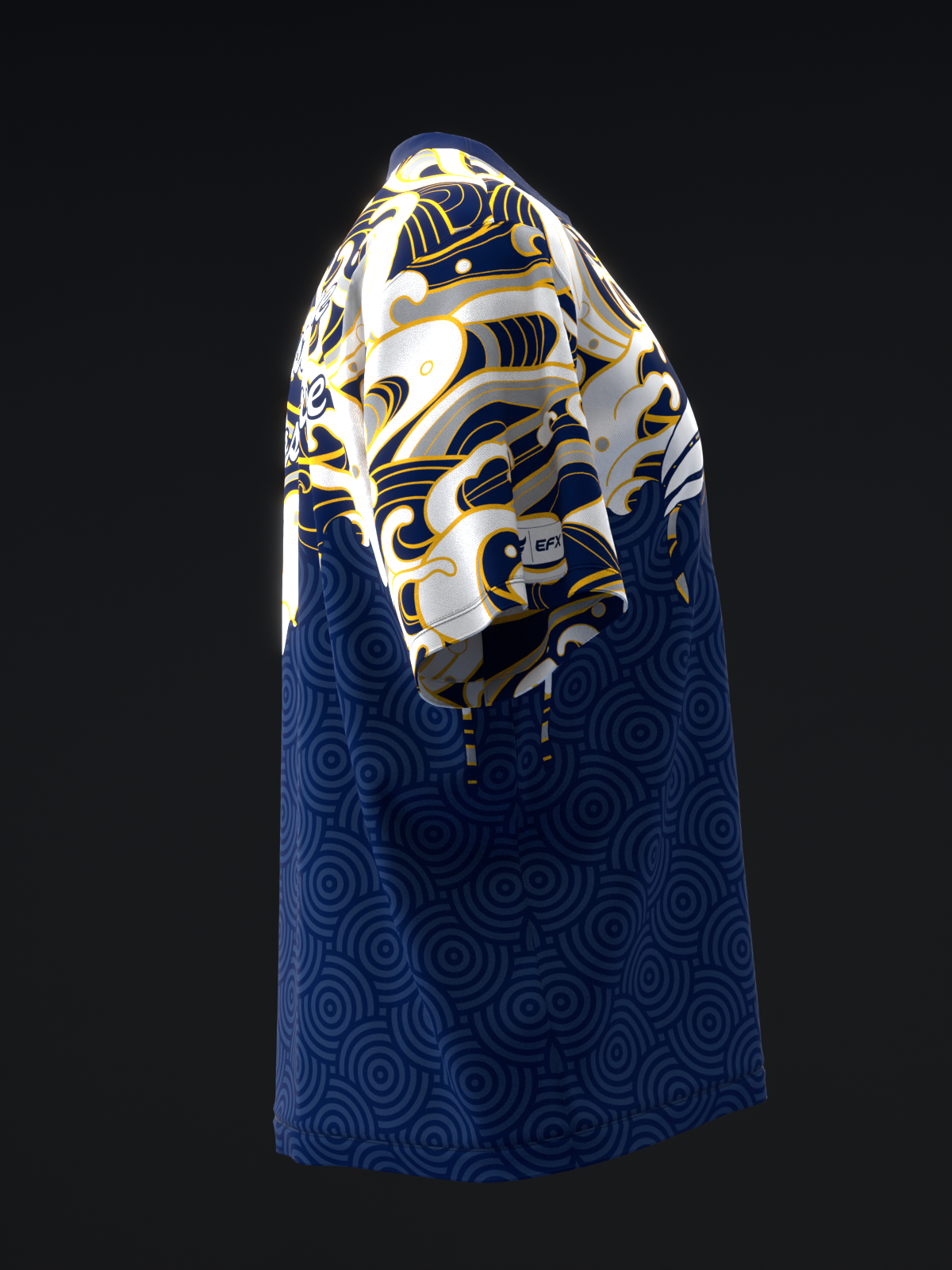 Blue and gold bowling jersey with abstract swirl pattern and geometric design