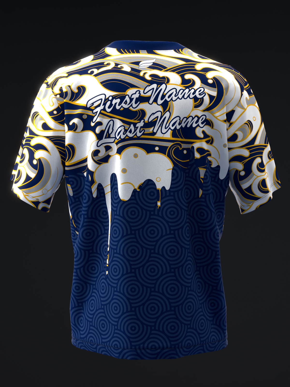 Navy bowling jersey with gold and white baroque design on sleeves and personalization text