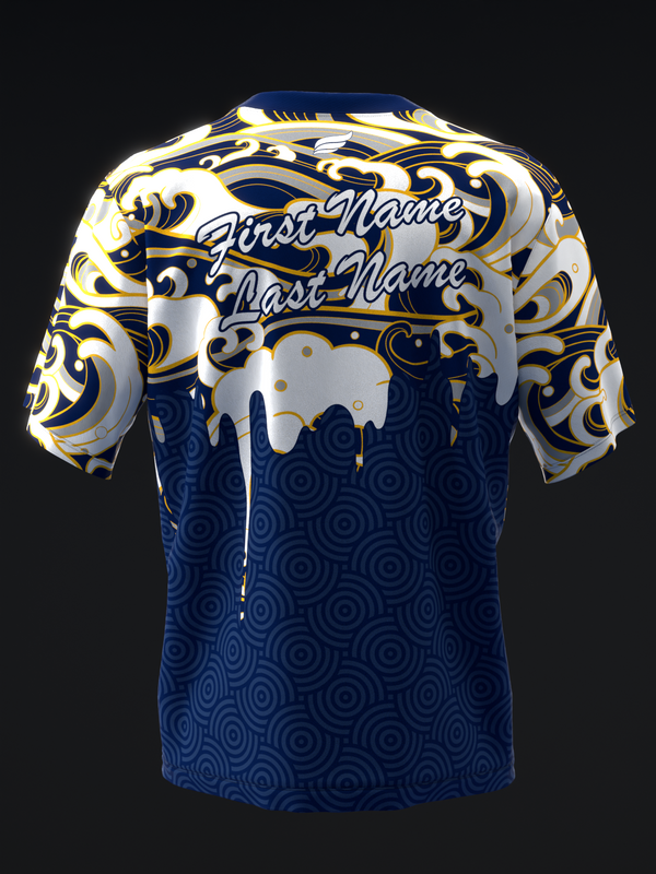 Navy bowling jersey with gold and white baroque design on sleeves and personalization text