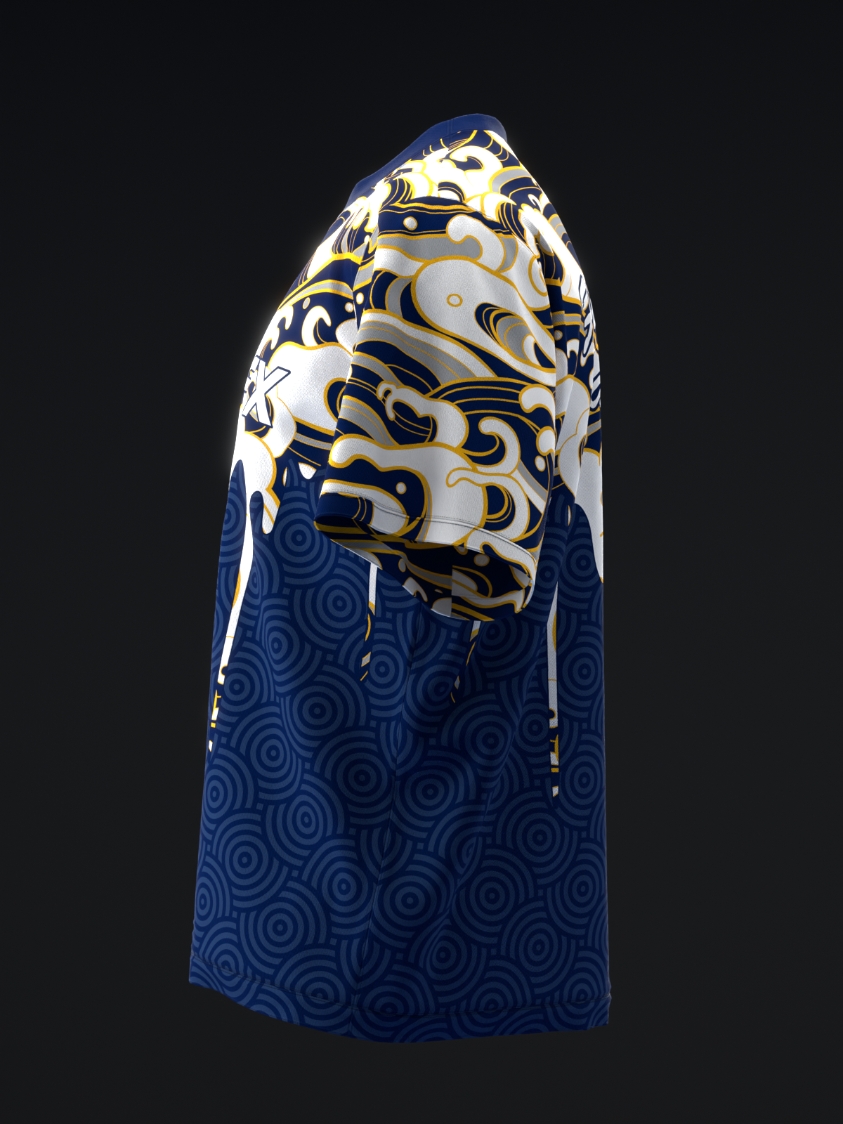 Blue bowling jersey with gold and white swirling graphic design on front
