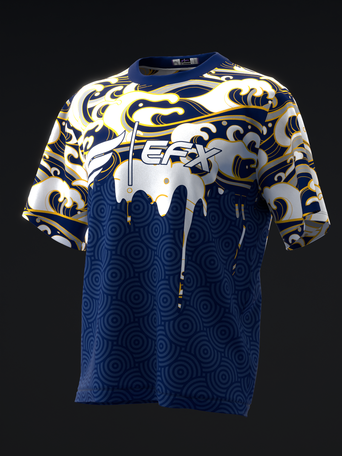 Blue and gold bowling jersey with ornate swirl design and dripping graphic front view