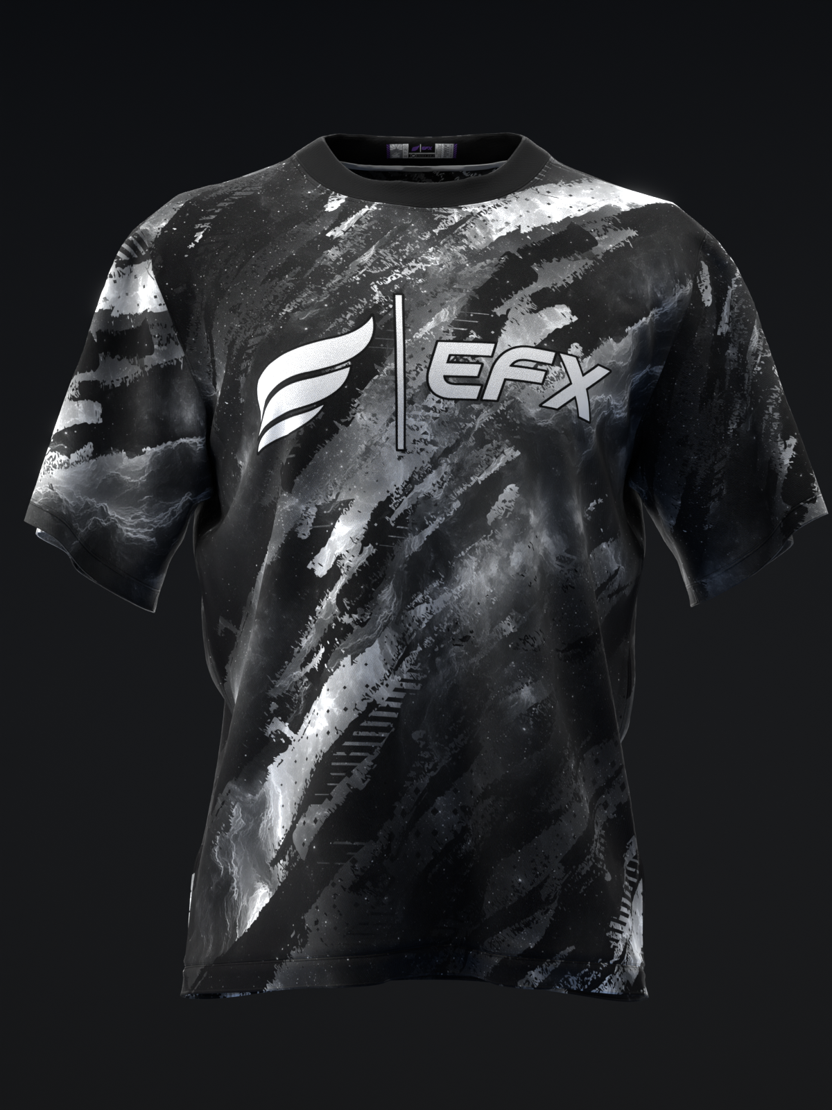 Black bowling jersey with white and gray brushstroke pattern and EFX logo front view