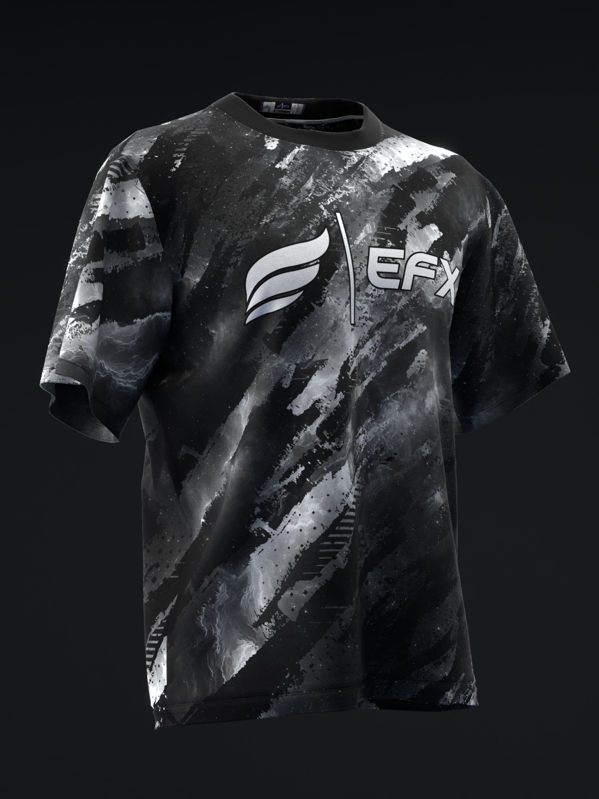 Black bowling jersey with white EFX logo and abstract brushstroke pattern, front view