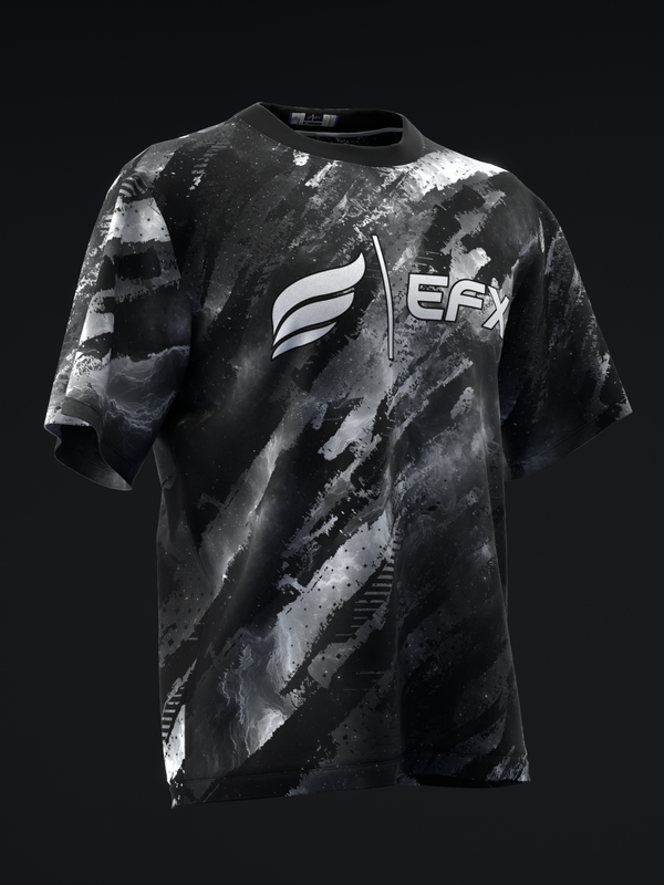 Black bowling jersey with white EFX logo and abstract brushstroke pattern, front view