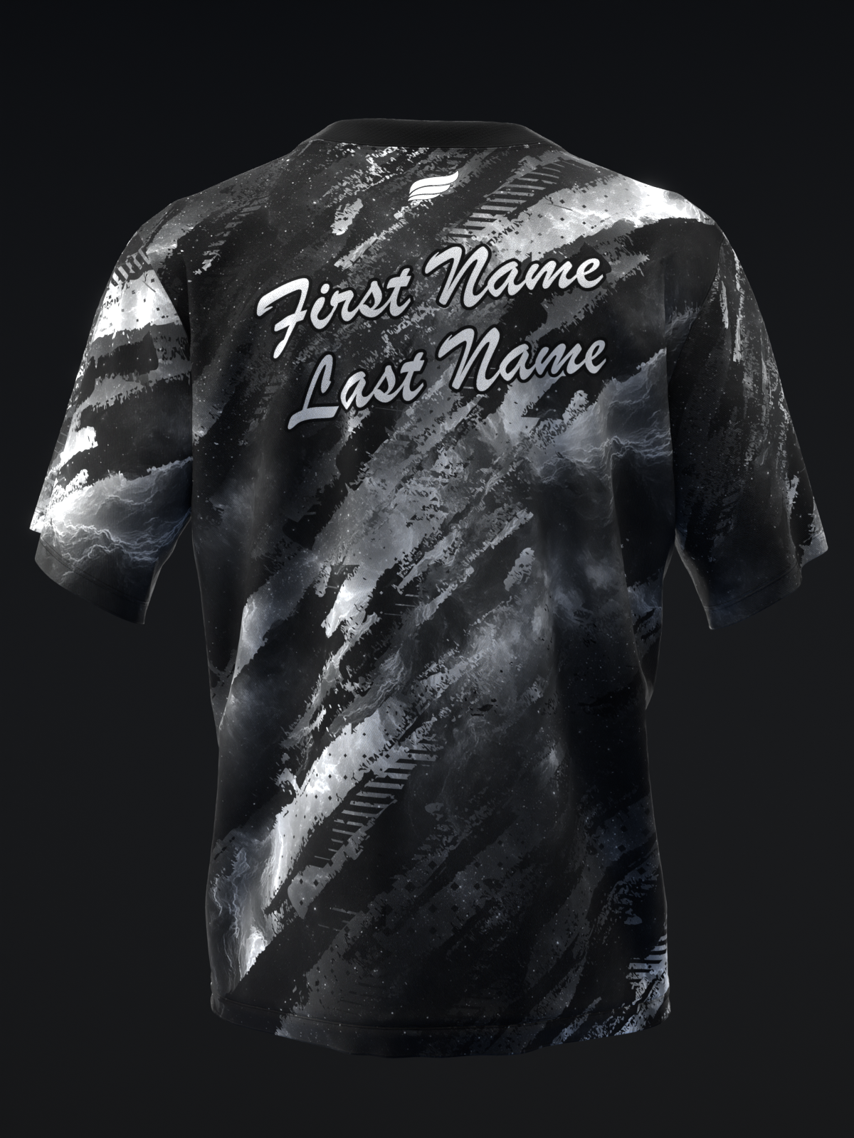 Black bowling jersey with white abstract brushstroke pattern and personalized text on back