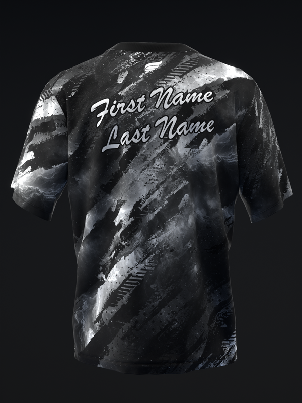 Black bowling jersey with white abstract brushstroke pattern and personalized text on back