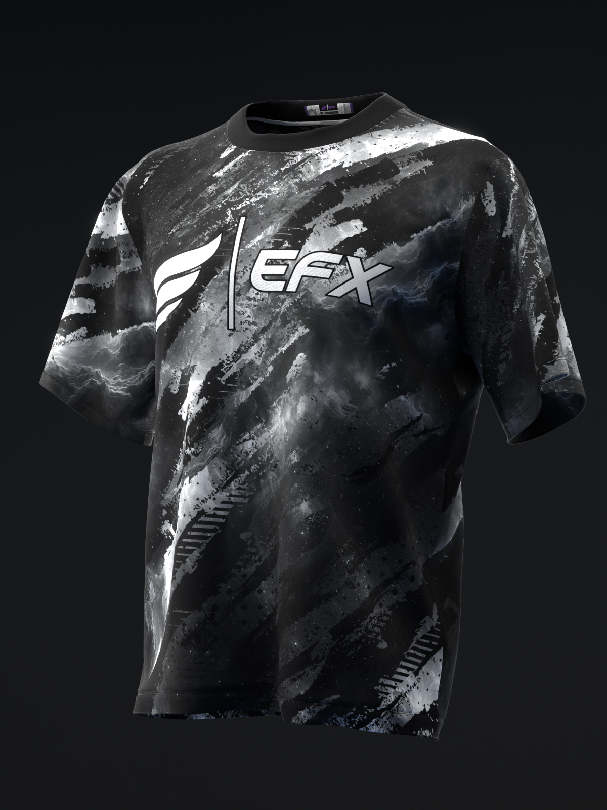Black bowling jersey with white and gray abstract paint splatter design and EFX logo
