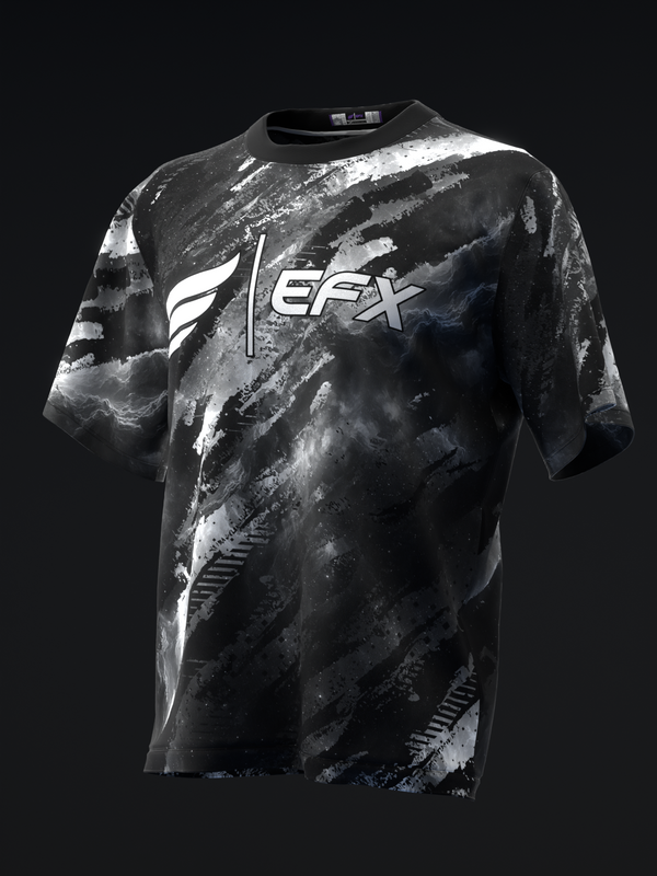 Black bowling jersey with white and gray abstract paint splatter design and EFX logo