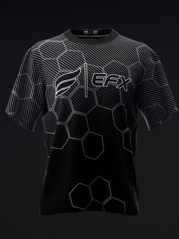 Black bowling jersey with EFX logo and hexagon pattern design, front view