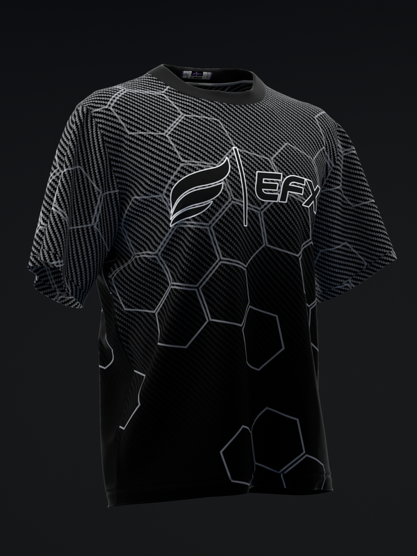 Black bowling jersey with carbon fiber texture and hexagon graphic design, front view