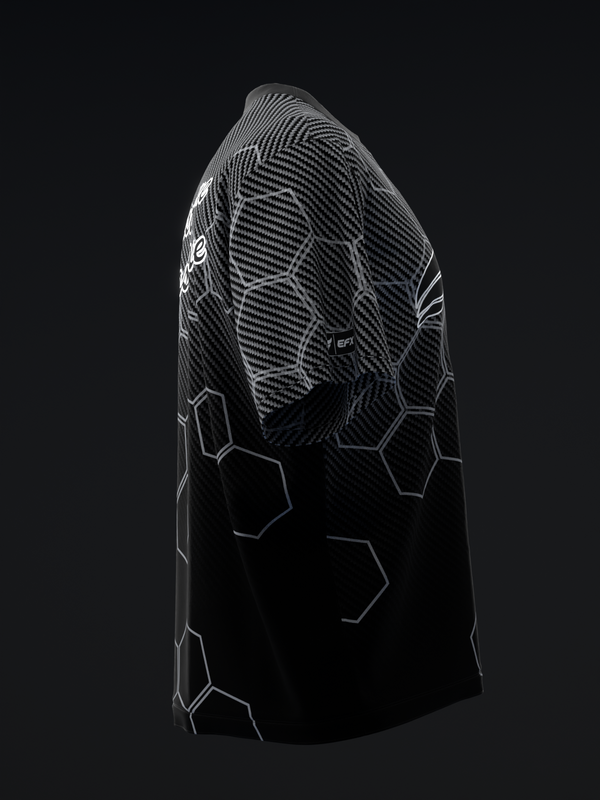 Black bowling jersey with carbon fiber pattern and geometric hexagon design detail