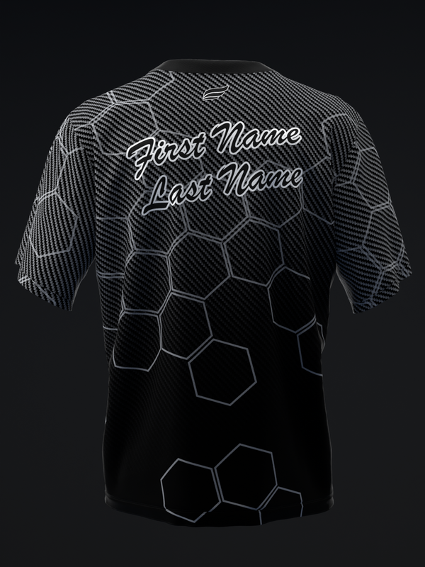 Black bowling jersey with white hexagon pattern and personalized name text, back view