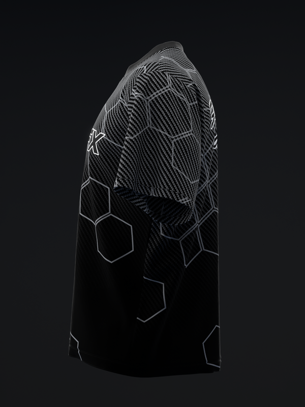 Black bowling jersey with carbon fiber texture and hexagon graphic design, side view