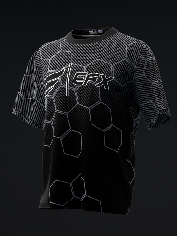Black bowling jersey with EFX logo and hexagonal geometric pattern design, front view