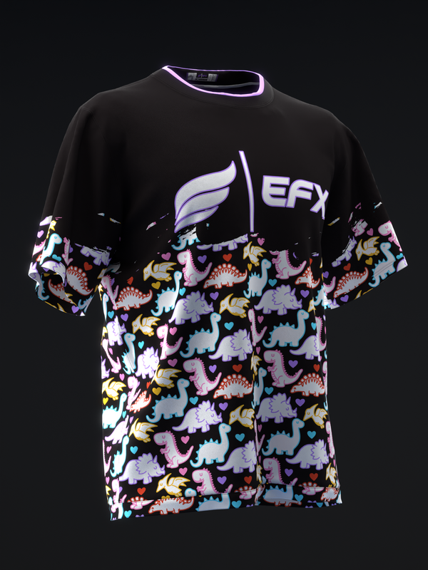 Black bowling jersey with colorful dinosaur pattern on lower half and EFX logo