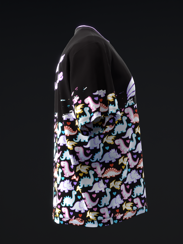 Black bowling jersey with colorful cartoon dinosaur pattern on lower half