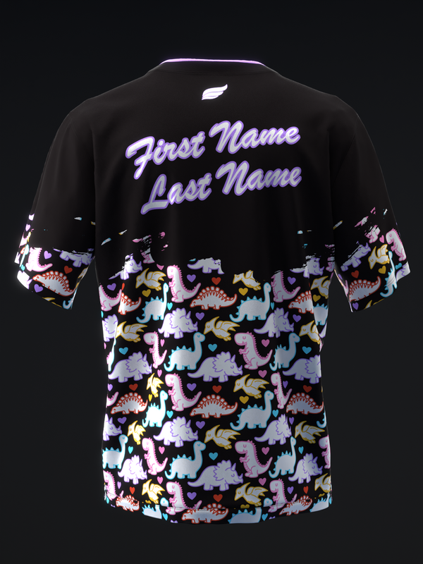 Black bowling jersey with neon purple name text and colorful dinosaur pattern below