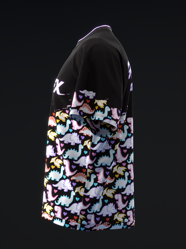 Black bowling jersey with colorful cartoon dinosaur pattern on lower half