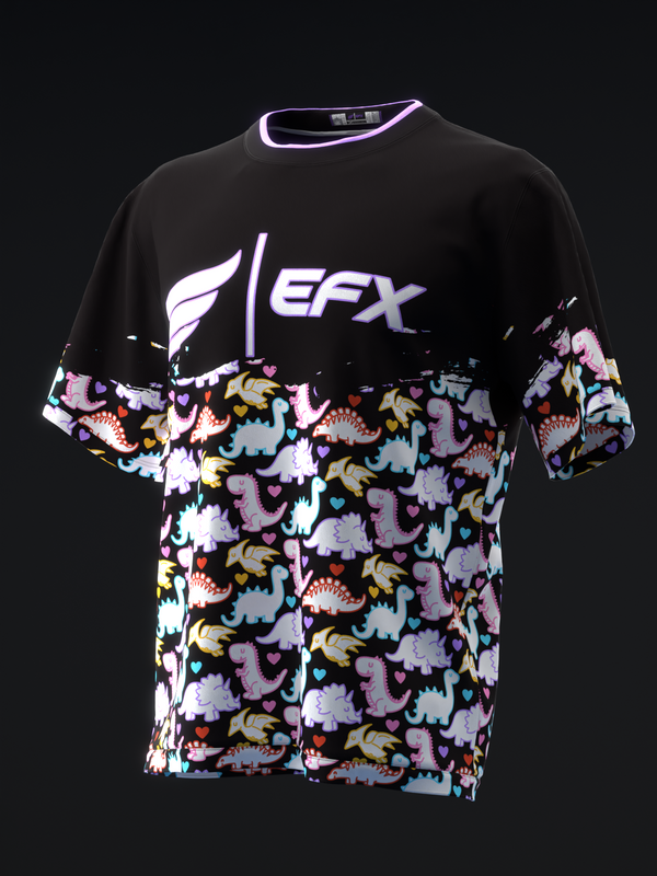 Black bowling jersey with colorful cartoon dinosaur pattern on lower half
