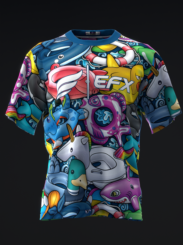 Colorful bowling jersey with vibrant cartoon character graphic design, front view