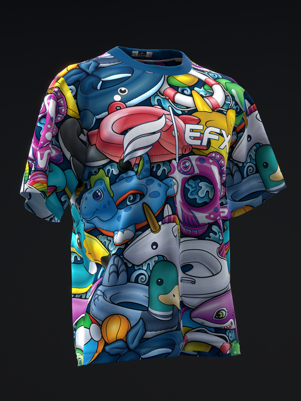 Colorful bowling jersey with vibrant cartoon character graphic design, front view