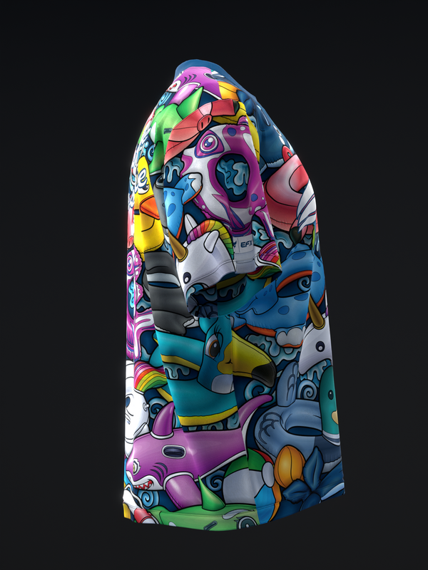 Colorful bowling jersey with vibrant cartoon character graphic print, front view