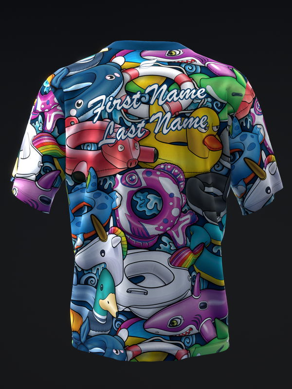 Colorful bowling jersey with vibrant cartoon floatie characters and personalization text, front view