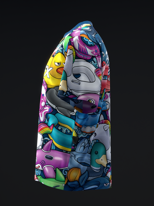 Colorful bowling jersey with vibrant cartoon character graphic, front view