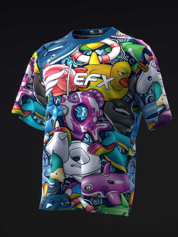 Bright multicolor bowling jersey with cartoon floatie characters and EFX logo, front view