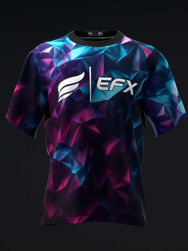 Black bowling jersey with vibrant geometric crystal pattern in magenta and cyan