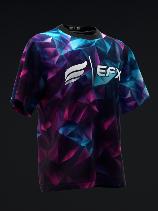 Front view of EFX bowling jersey with geometric geode pattern in purple, pink, and blue tones