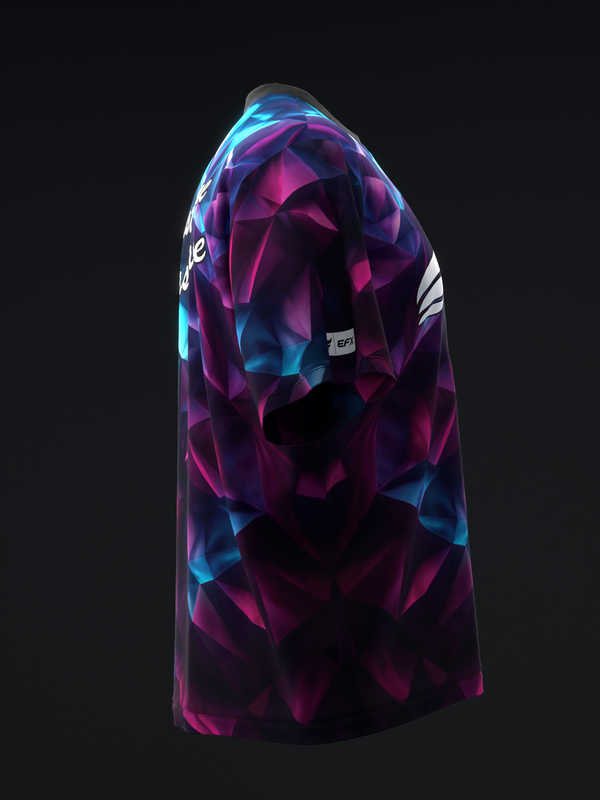 Bowling jersey with magenta and cyan geometric crystal pattern, back view