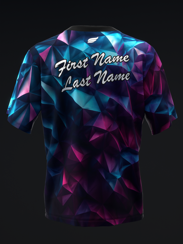 Back view of bowling jersey with geometric crystal pattern in blue and magenta with personalization text
