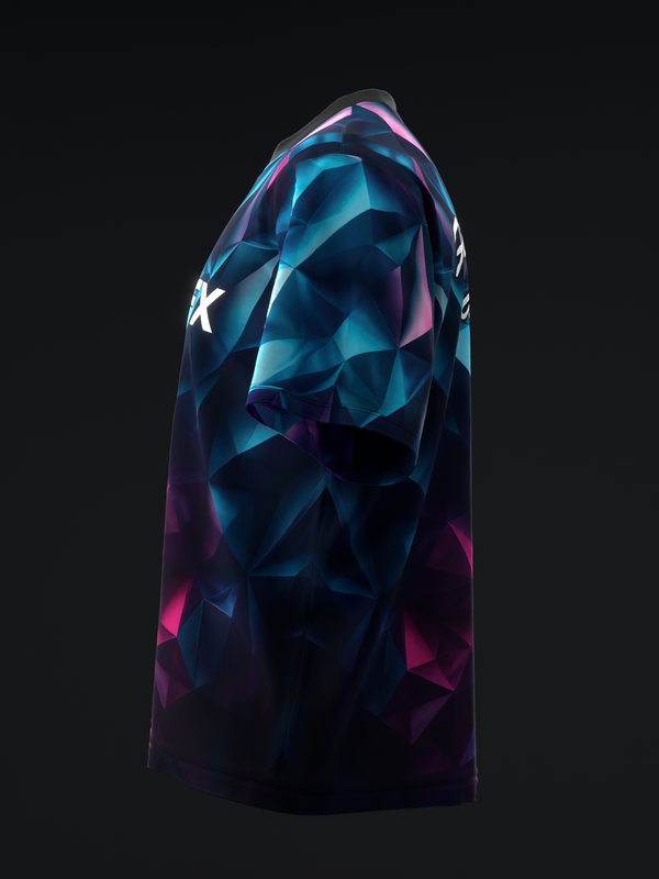 Bowling jersey with geometric crystal pattern in blue and magenta tones, side view