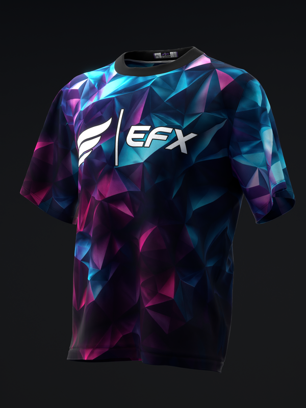 Front view of EFX bowling jersey with geometric purple, blue, and cyan pattern and white EFX logo