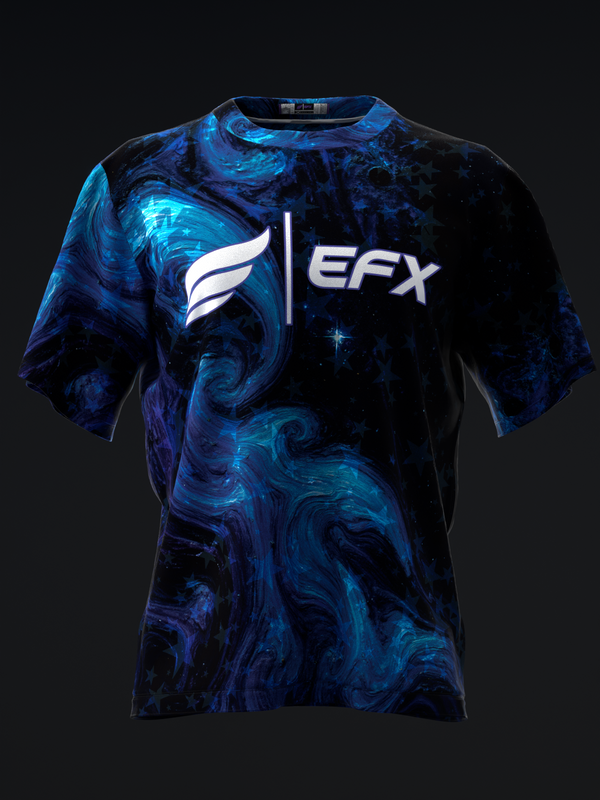 Black and blue bowling jersey with swirling abstract pattern and EFX logo, front view