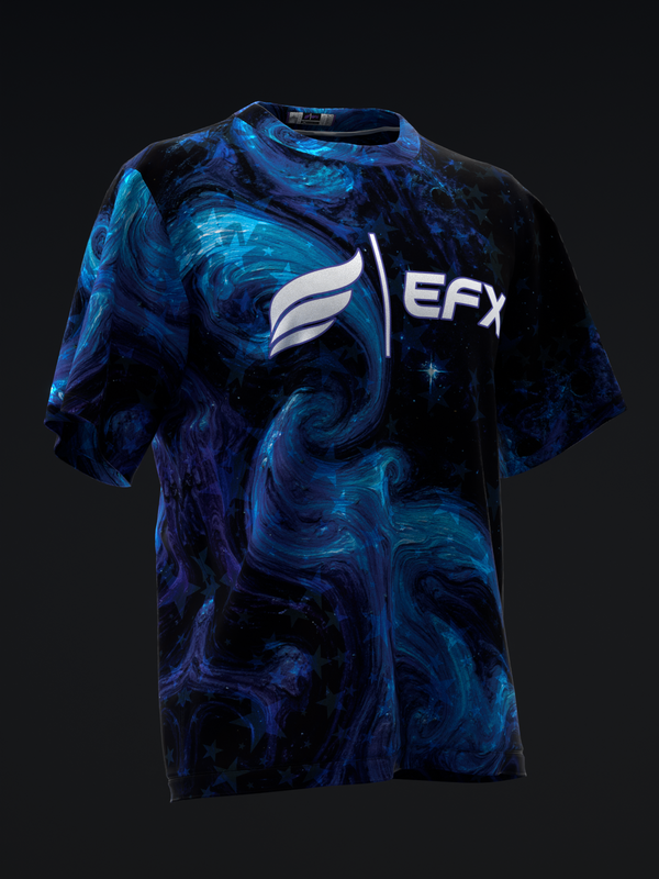 Black and blue swirled bowling jersey with EFX logo on front