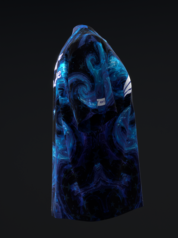 Black and blue bowling jersey with swirling abstract pattern, front view