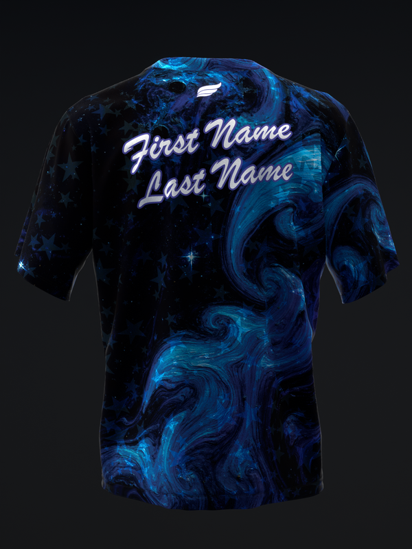 Black and blue marble bowling jersey with white script name text, back view