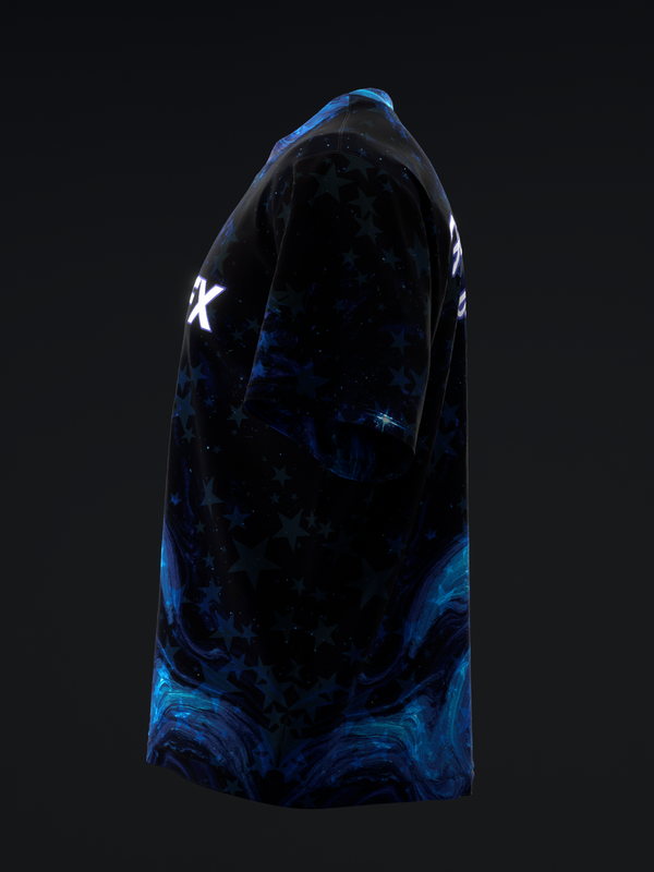 Black and blue swirled bowling jersey with white star graphic on shoulder