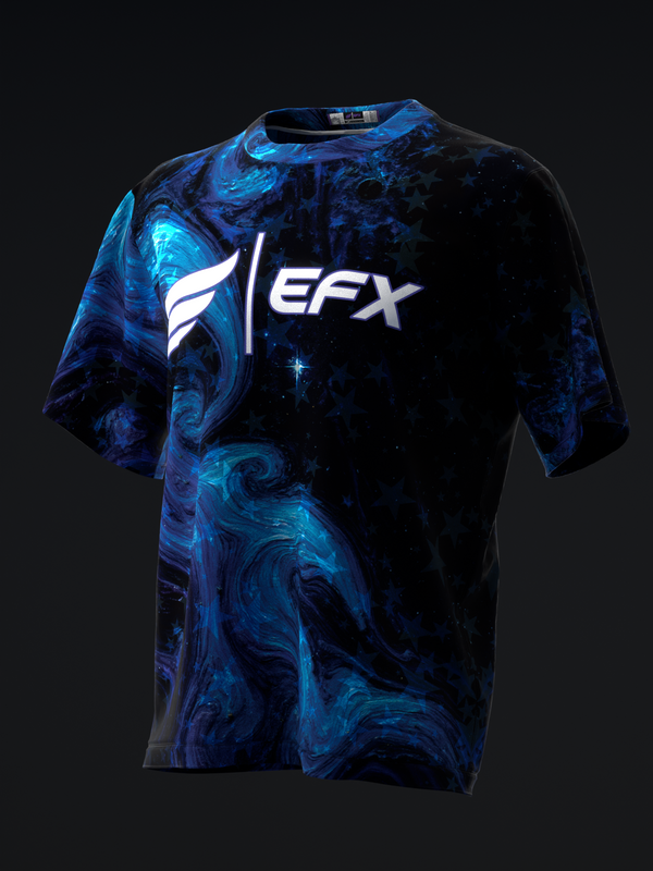 Black and blue marble bowling jersey with EFX logo, front view