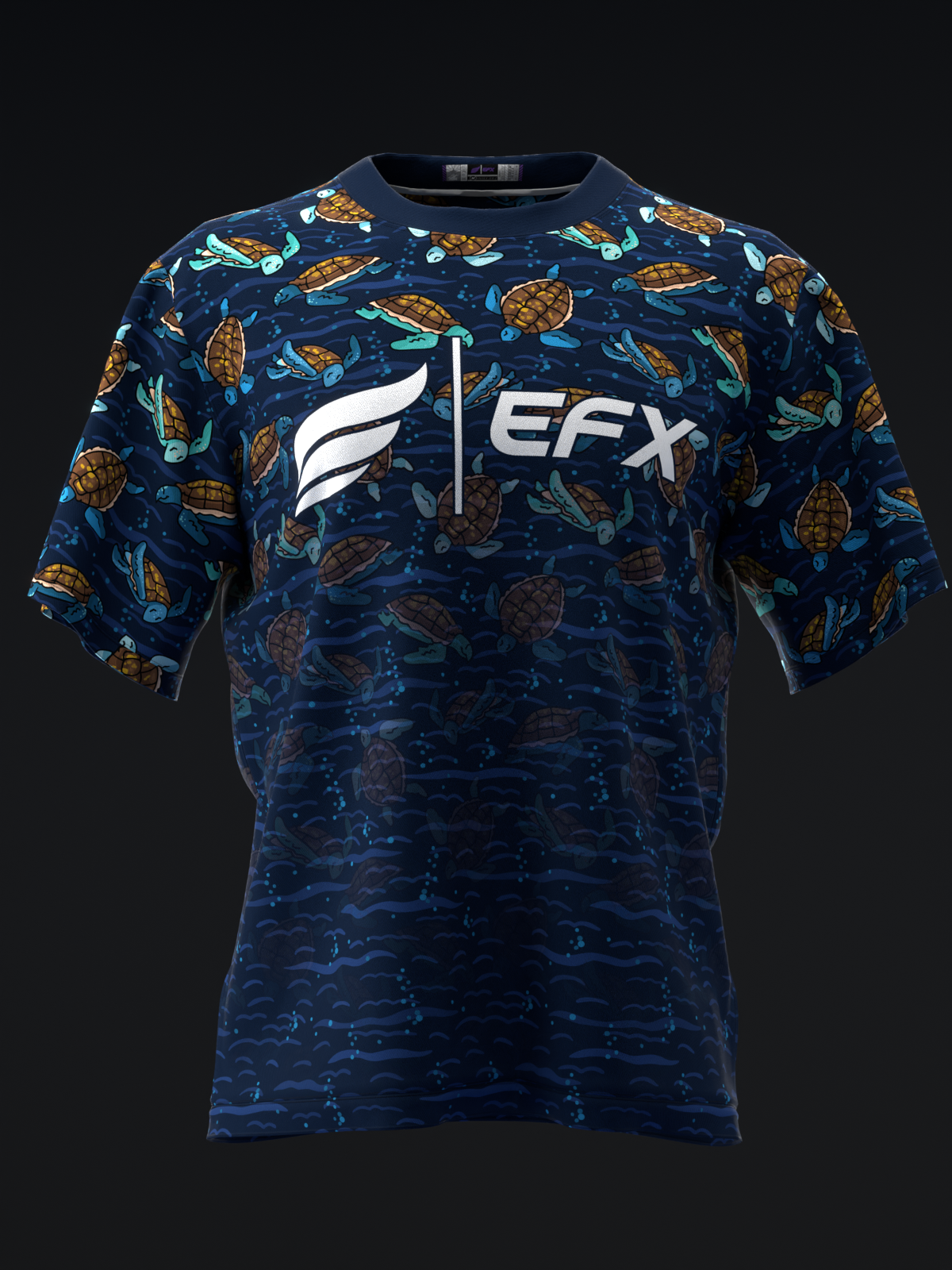 Navy bowling jersey with sea turtle and water pattern, white EFX logo front view