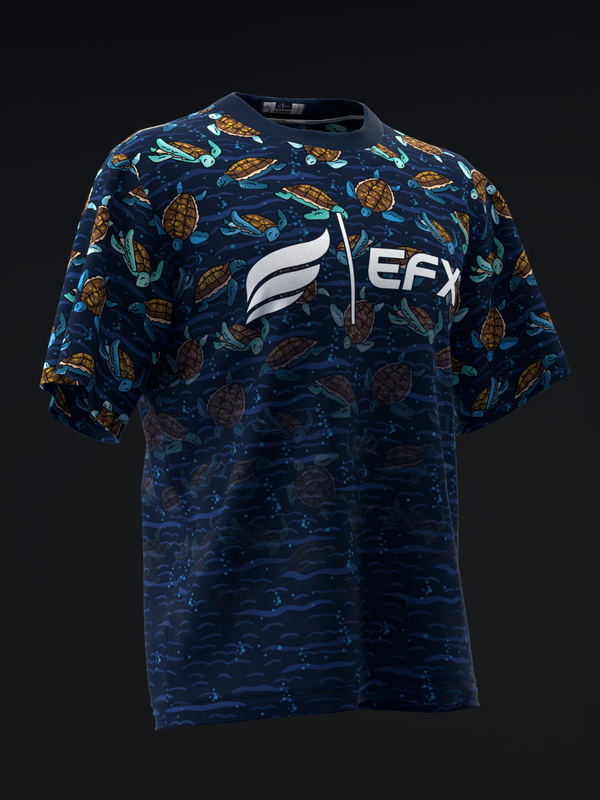 Navy bowling jersey with sea turtle and water pattern, EFX logo front