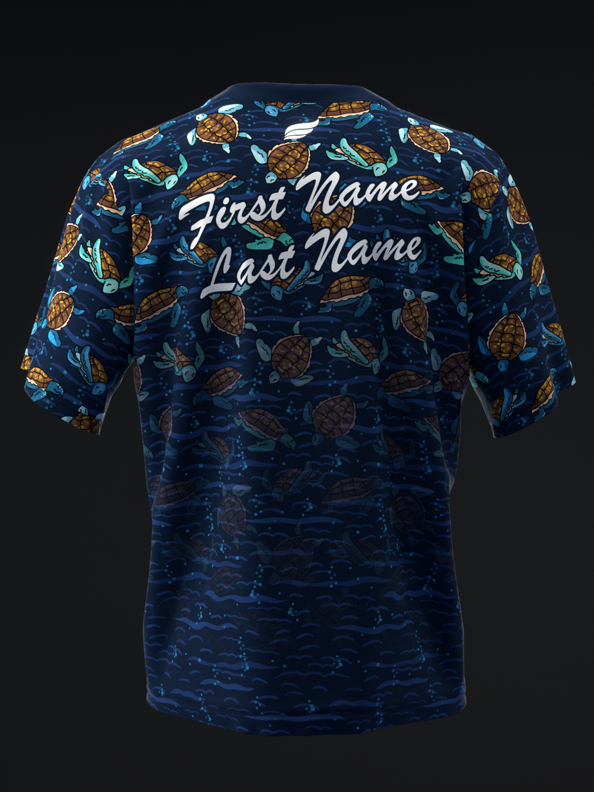 Navy bowling jersey with sea turtle pattern and customizable name text back view