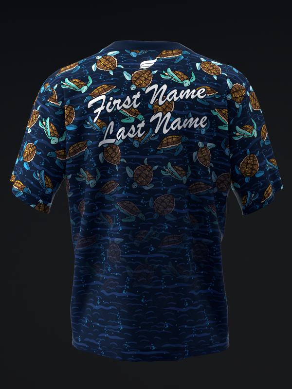 Navy bowling jersey with sea turtle pattern and customizable name text back view