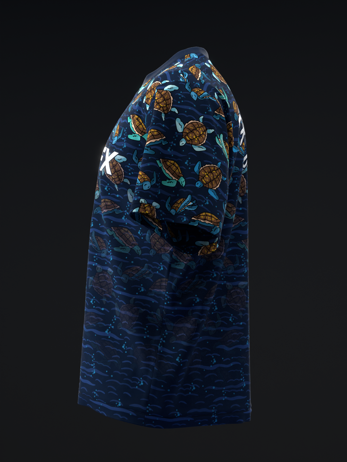 Navy bowling jersey with sea turtle and wave pattern, side view