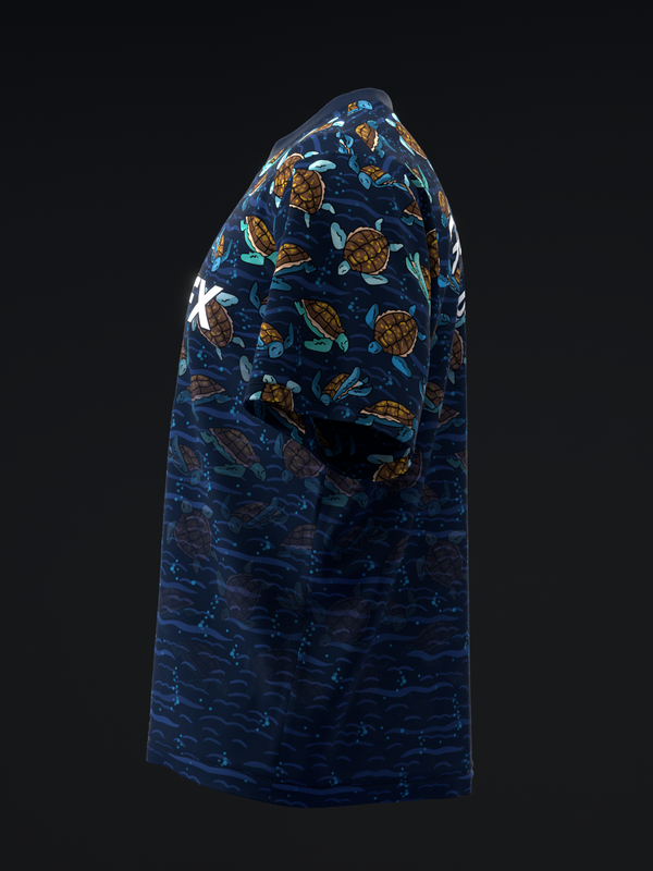 Navy bowling jersey with sea turtle and wave pattern, side view