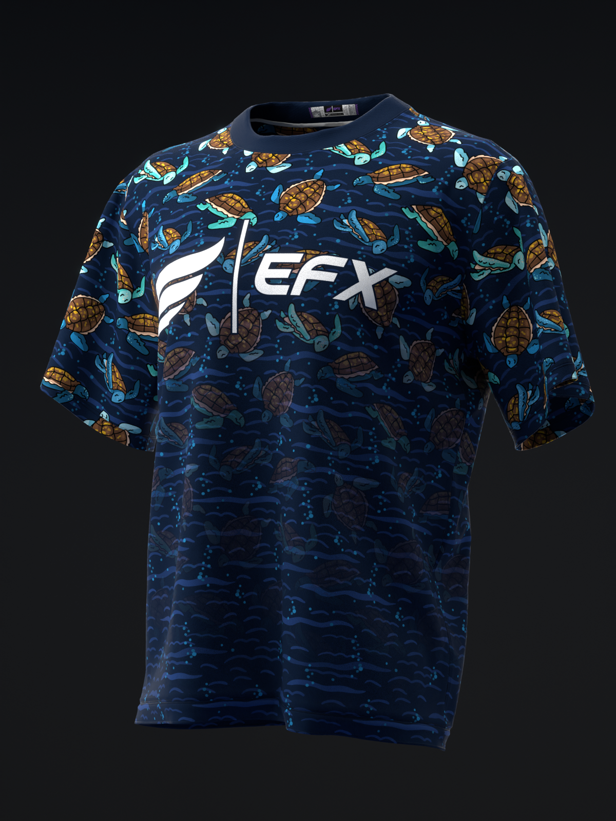 Navy bowling jersey with sea turtle print and EFX logo, front view